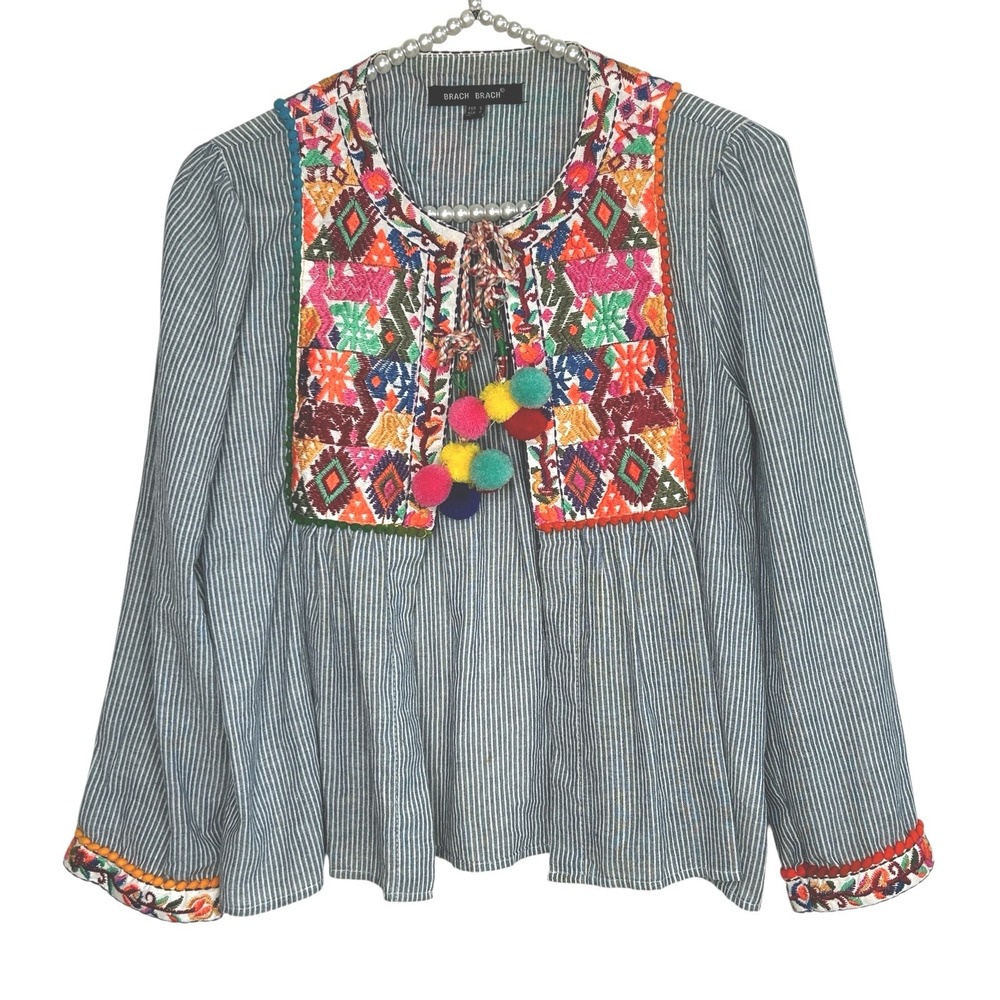 Brach Brach Boho Embroidered Top Small‎ Cottage Festival Pom Pom Peasant Striped
